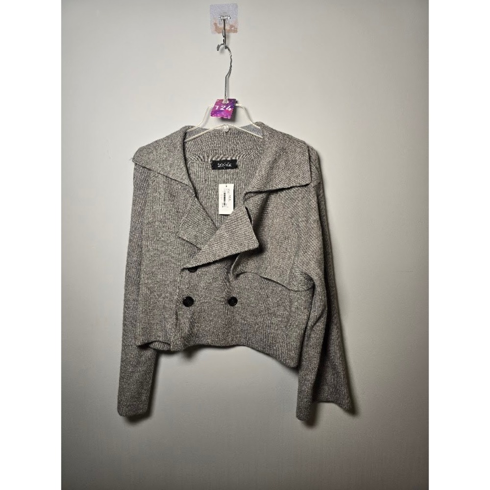 Fab'rik Womens Double Breasted Sweater Gray Ribbed Knit Cropped Jacket Sz L NEW